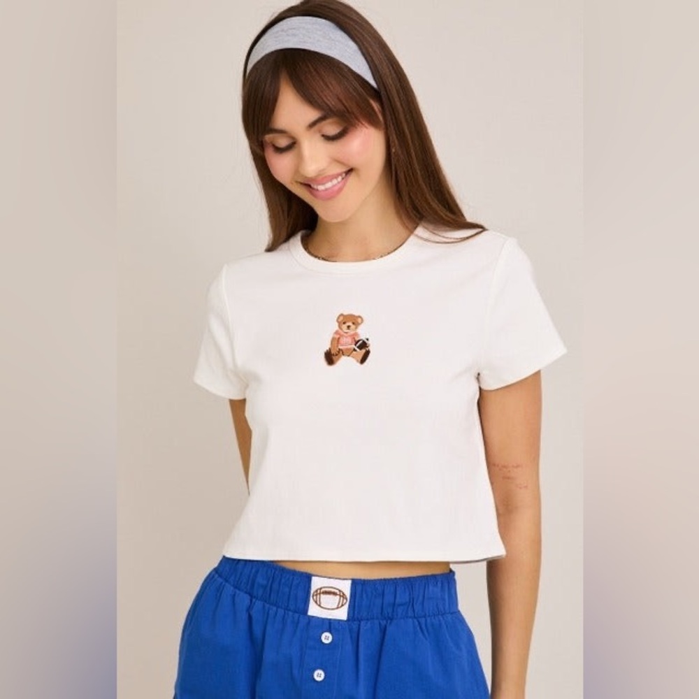 Embroidered Football Teddy Bear Baby Tee - Le Lis